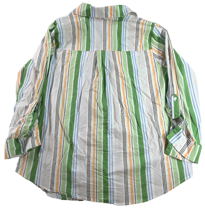 Sweet Rain Women 2XL Striped Button Down Shirt Green Orange Blue Cotton Pockets