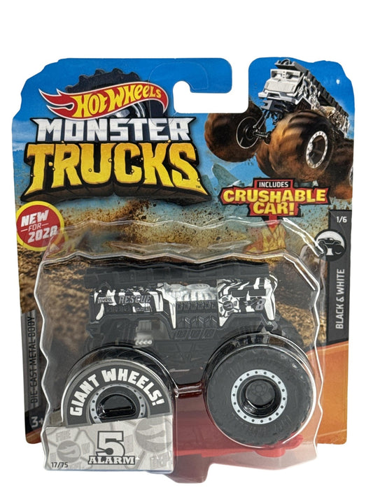 Hot Wheels Monster Trucks 5 Alarm Black White 2020 Diecast w Crush Car Sealed
