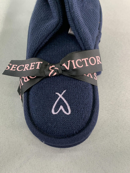 Victorias Secret Slippers Shoes Womens Size 5-6 Small Navy Knit Faux Fur Pom