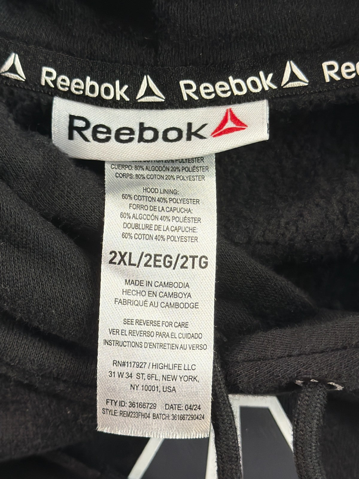 Reebok Delta Logo Pullover Hoodie Black 2XL Fleece Kangaroo Pocket Drawstring
