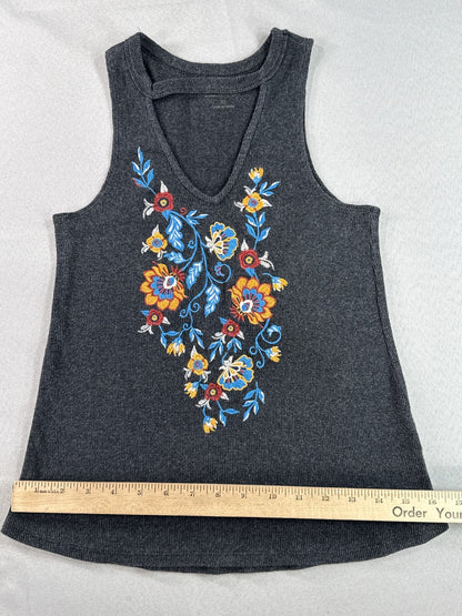 SHYANNE Floral Boho Tank Top XS Charcoal Cotton Blend Neck Sleeveless Womens Tie