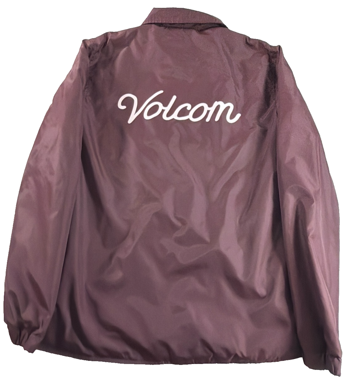 Volcom Coach Jacket Women Medium Maroon Script Logo Snap Windbreaker Water Resis