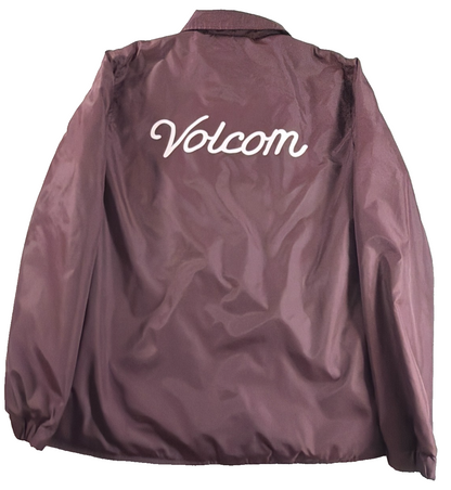 Volcom Coach Jacket Women Medium Maroon Script Logo Snap Windbreaker Water Resis