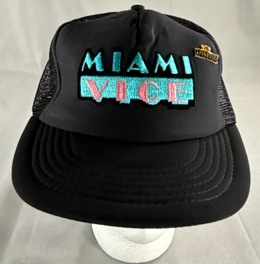 Vintage AHS Miami Vice Lottery Trucker Hat Black Mesh Cap Taiwan 80s M-L Snapbac