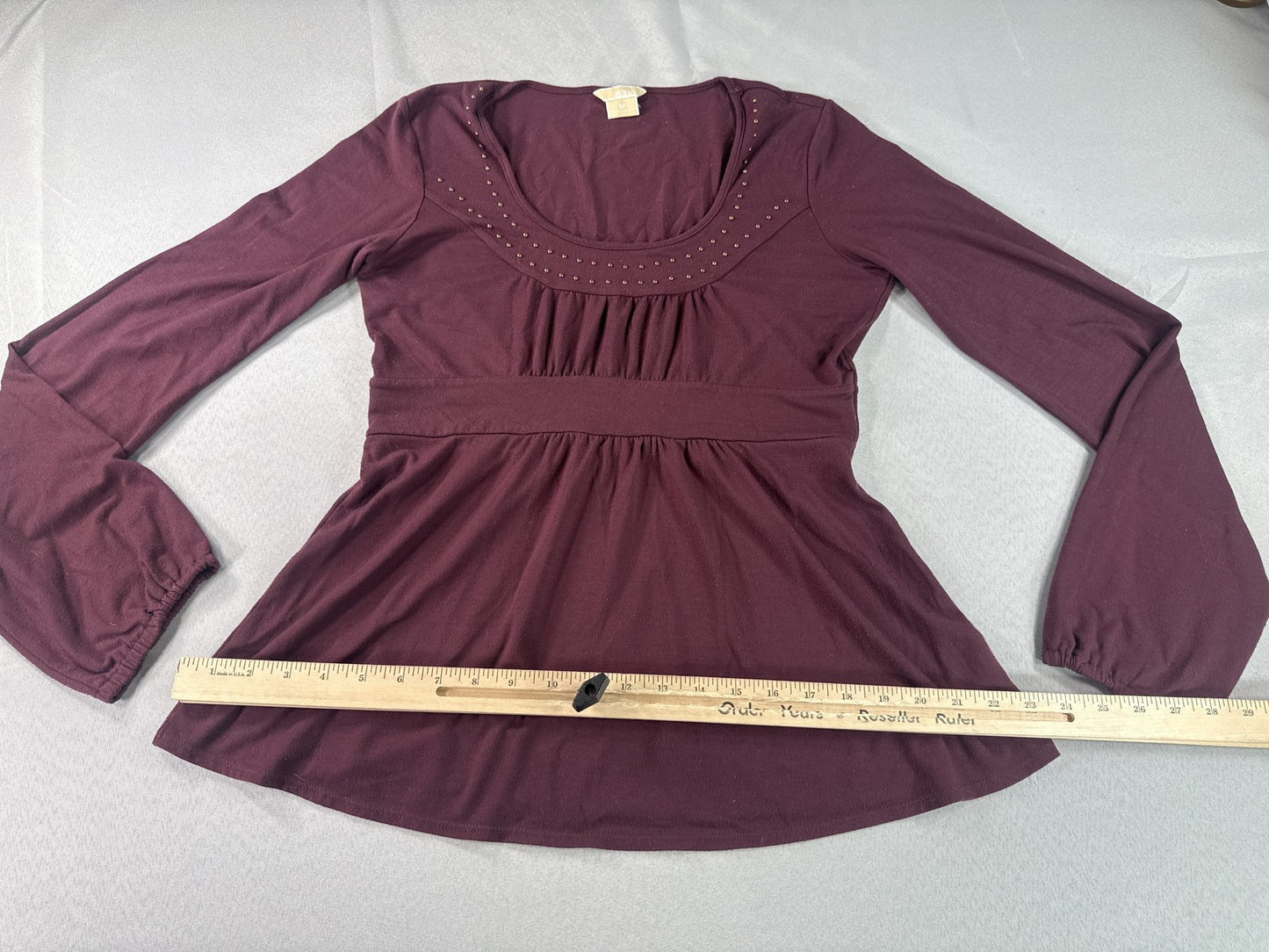 Michael Kors Long Sleeve Scoop Neck Stretch Top Womens M Burgundy Polyester Gold