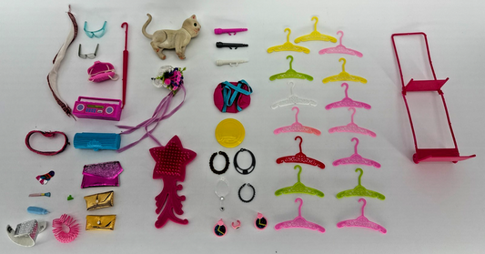 Barbie Doll Accessories Lot 60pc Hangers Purses Jewelry Cat Boombox Mirror 80s+