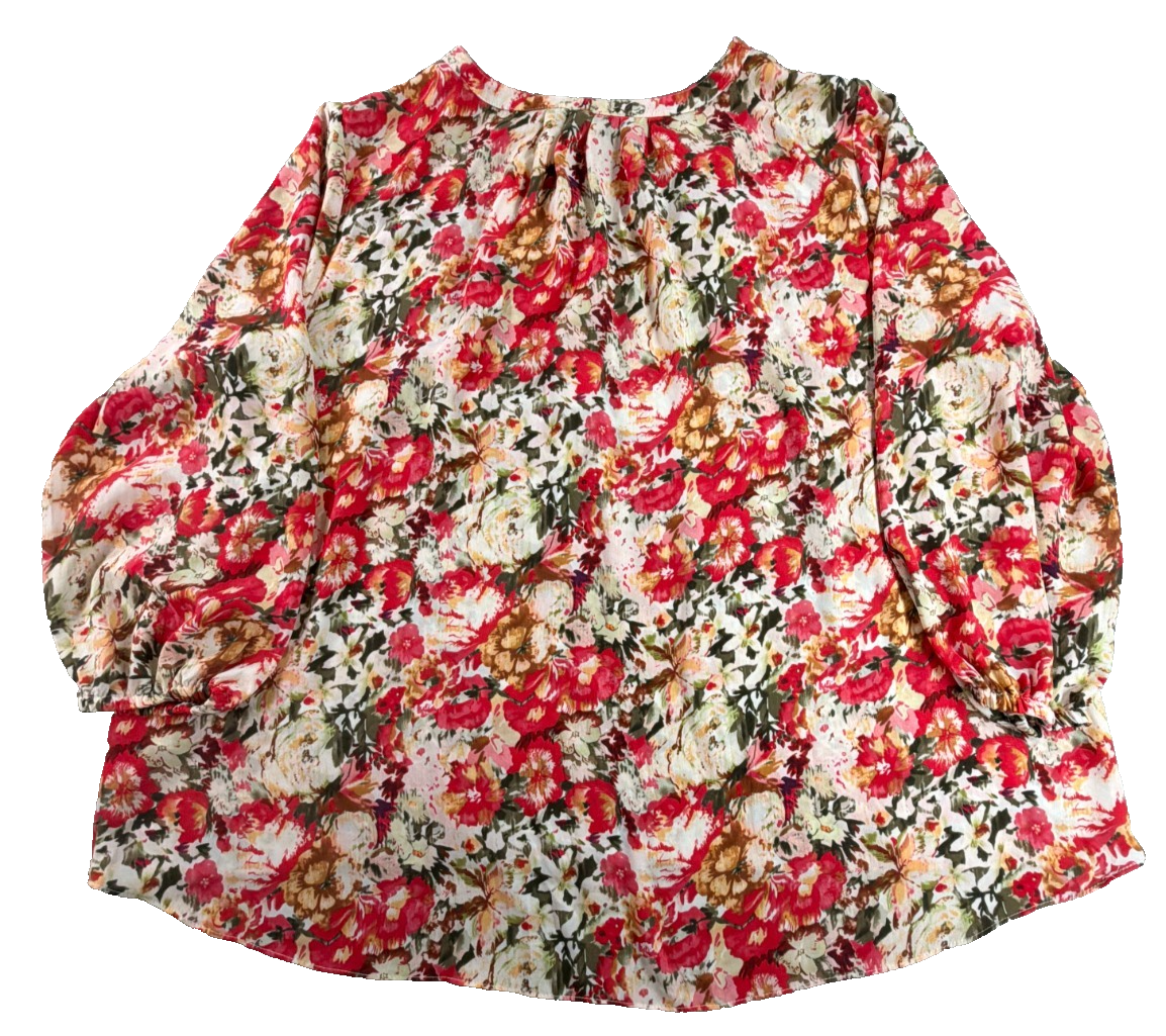 Tahari Woman 3X Red Floral Watercolor Print Blouse Long Sleeve V Neck Pullover