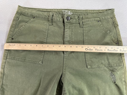 TIME TRU Cargo Pants Womens 18 Olive Green Cotton Relaxed Fit Distressed Ripped