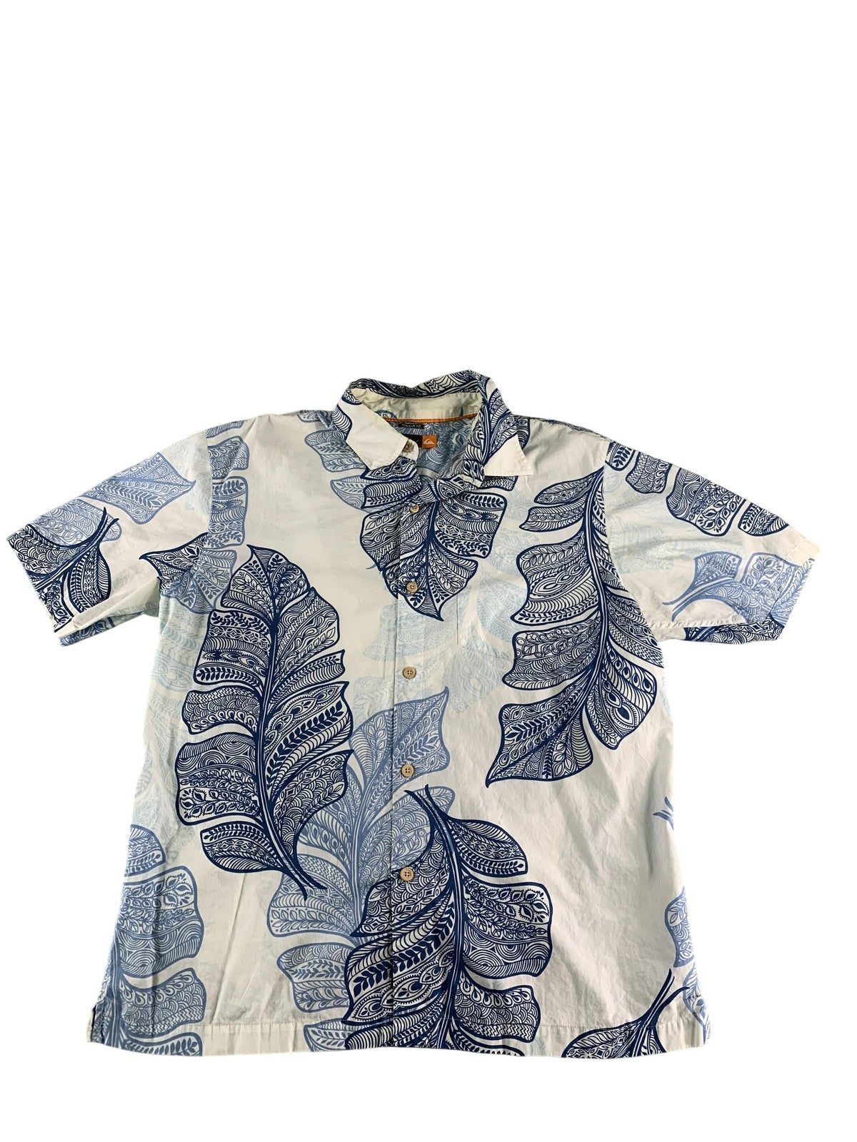 Quiksilver Shirt Mens Medium Blue White Hawaiian Aloha Short Sleeve D509607