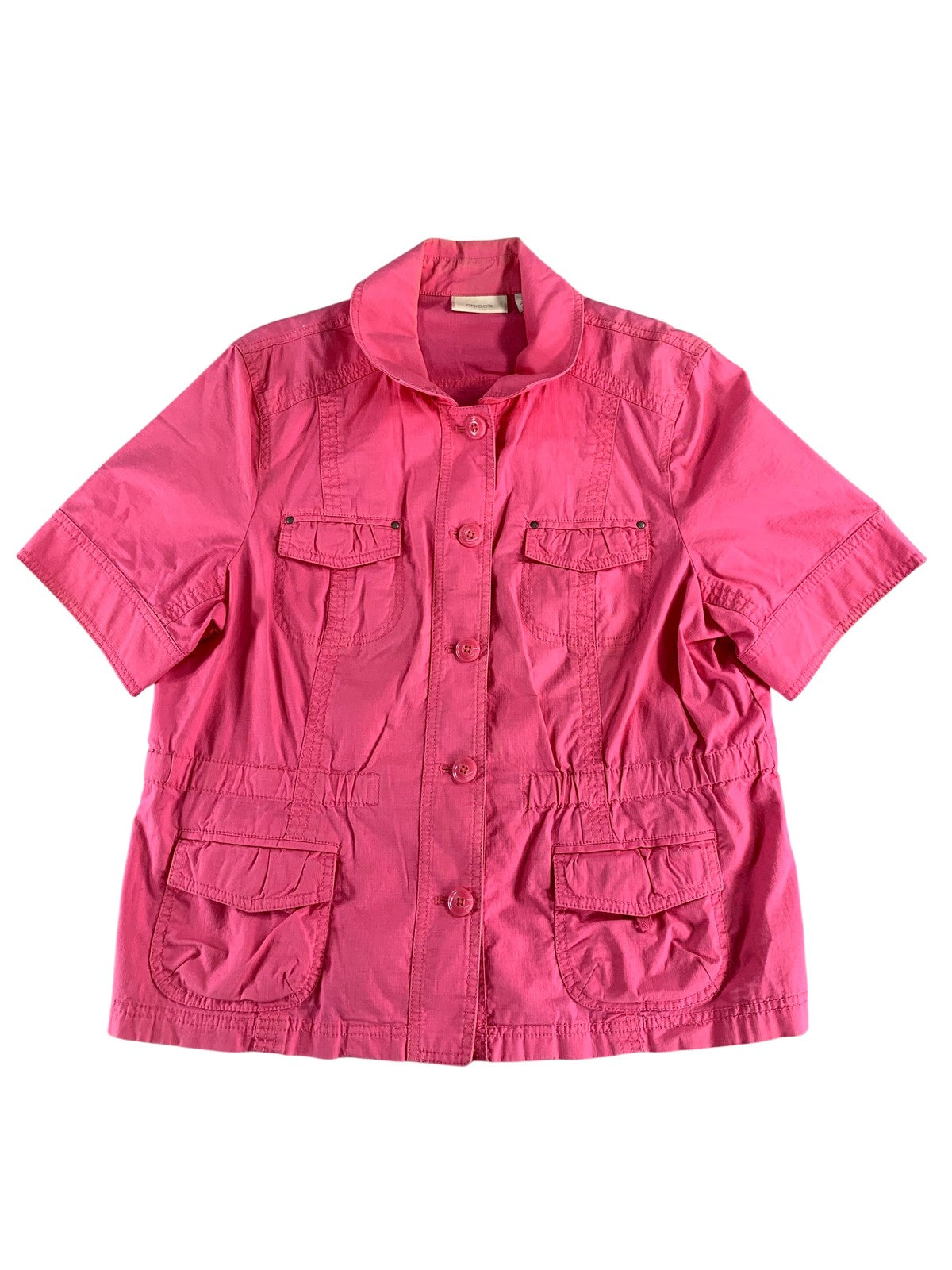 Chicos Jacket Womens 2 Short Sleeve Utility Safari Pockets Button Front Lightwei