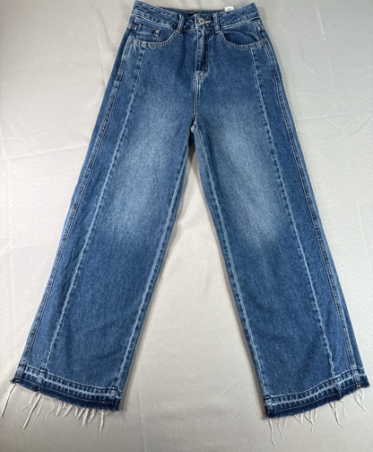 High Waist Wide Leg Jeans Womens S Baggy Frayed Hem Medium Wash Blue Denim SEMIR