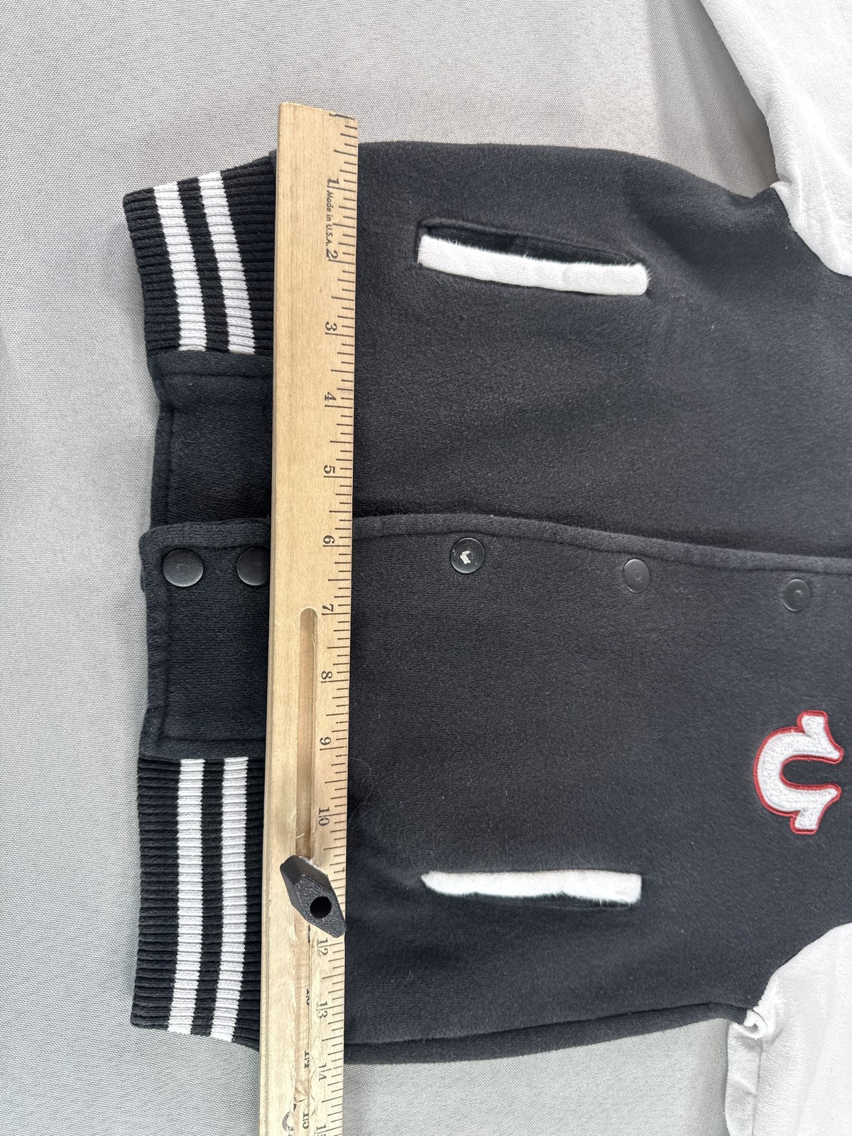 True Religion Varsity Jacket Kids M (5/6) Black White Fleece Regular Fit Snap