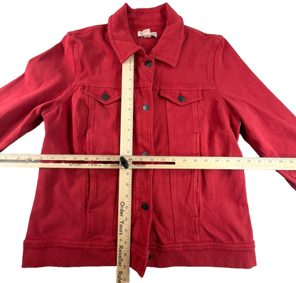 Coldwater Creek Red Denim Jacket Womens Medium Stretch Button Front Trucker