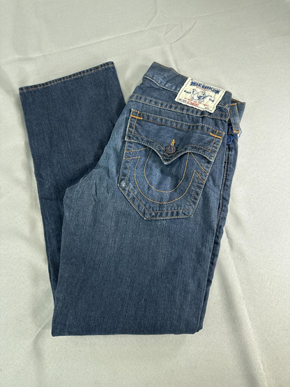 True Religion Jeans Mens 34 Blue Straight Flap Pockets Denim Made USA Dark Wash