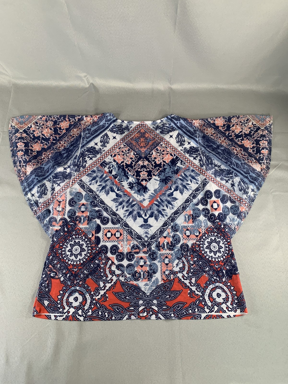 JM Collection Shirt Womens XL Blue Red Paisley Boho Top Short Sleeve Lightweight