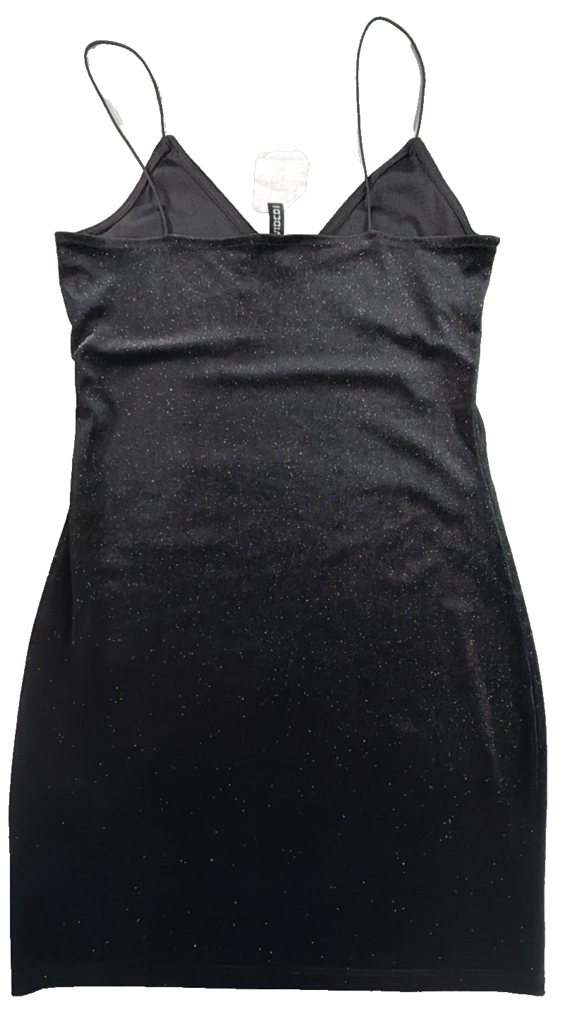 H&M Divided Black Glitter Shimmer Bodycon Mini Dress Spaghetti Strap NWT S