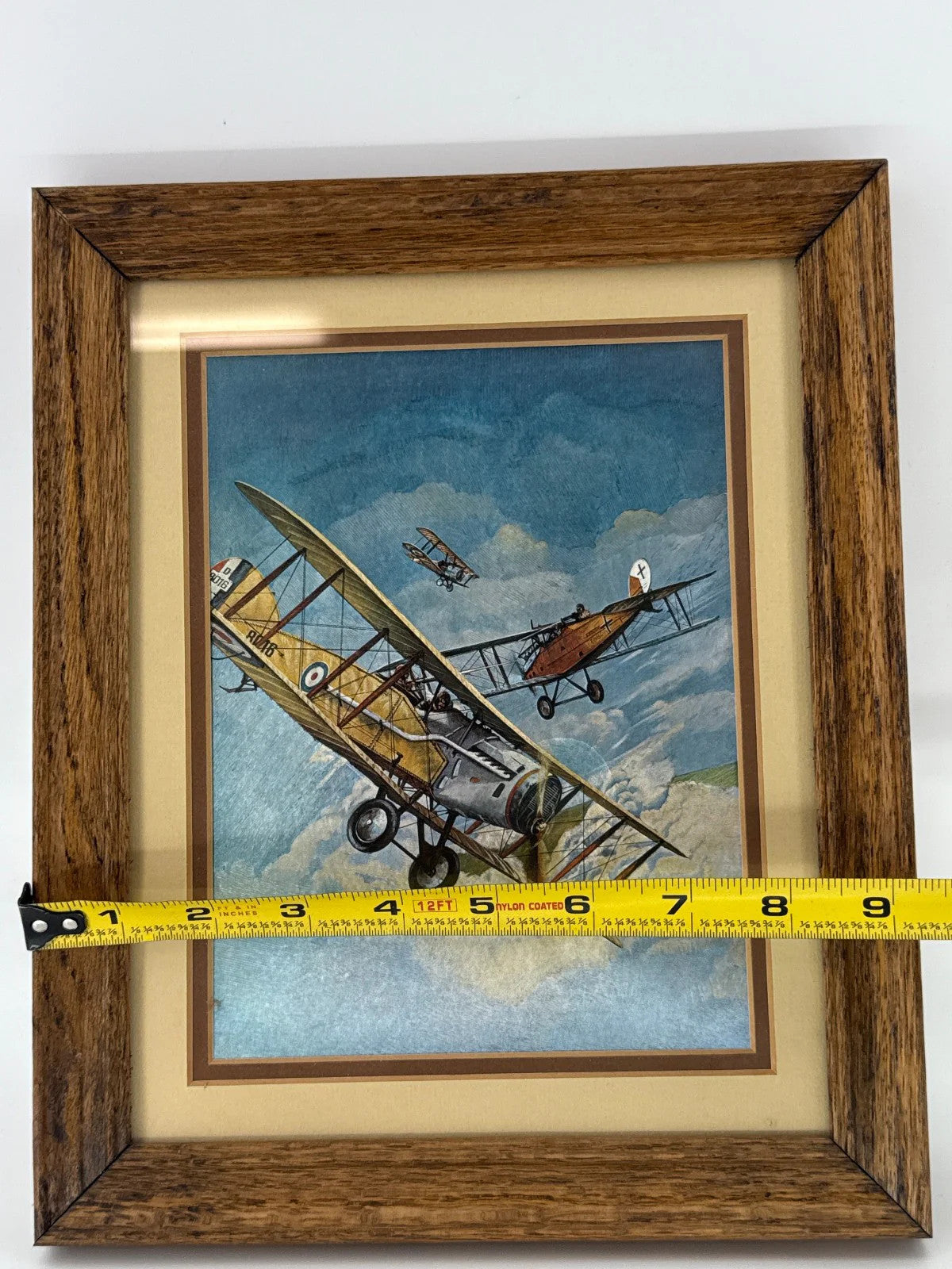 WWI Biplane Dogfight Framed Aviation Art Print 11x12.5 English Oak Frame Vintage