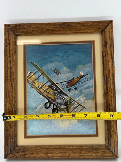 WWI Biplane Dogfight Framed Aviation Art Print 11x12.5 English Oak Frame Vintage