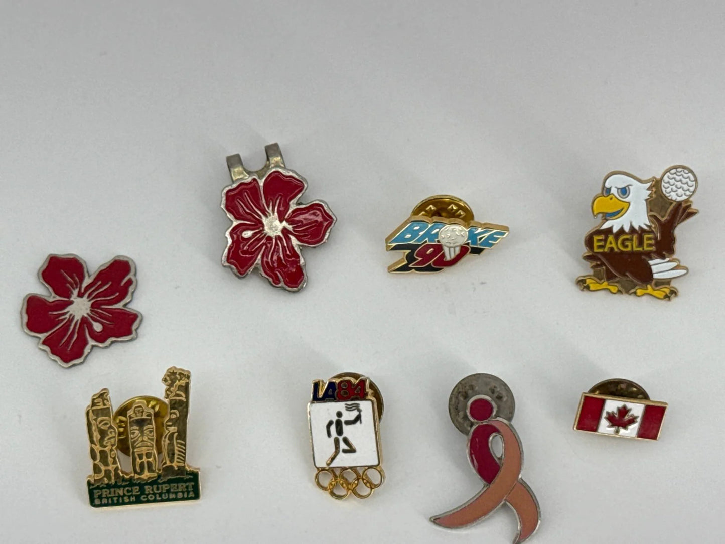 Lot of 9 Vintage Enamel Lapel Pins Hawaii Golf Canada Olympics Eagle Collectible