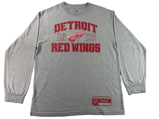 Detroit Red Wings Mens L Reebok Gray Long Sleeve Shirt NHL 1926 Winged Wheel Tee