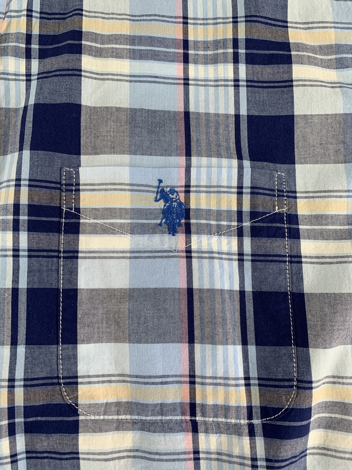 US Polo Assn Shirt Mens Large Blue Plaid Short Sleeve Button Down Casual Pocket