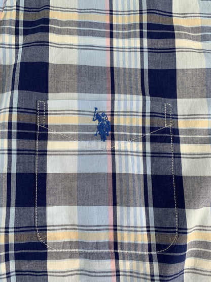 US Polo Assn Shirt Mens Large Blue Plaid Short Sleeve Button Down Casual Pocket