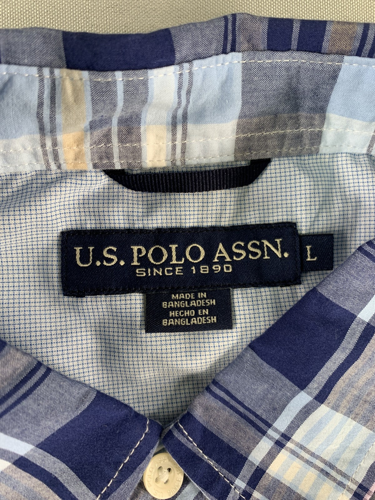 US Polo Assn Shirt Mens Large Blue Plaid Short Sleeve Button Down Casual Pocket