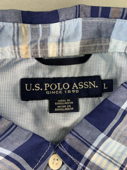 US Polo Assn Shirt Mens Large Blue Plaid Short Sleeve Button Down Casual Pocket