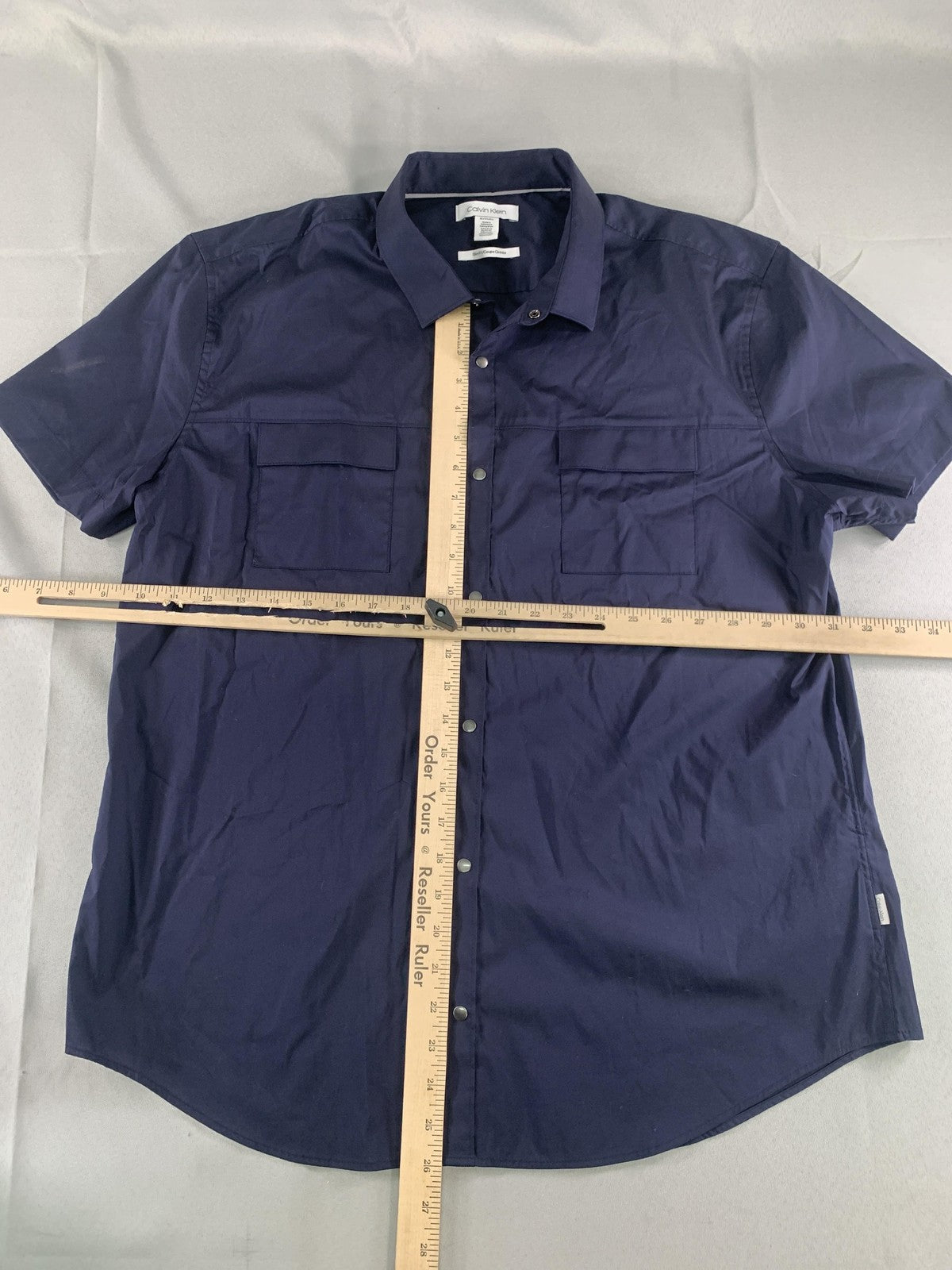 Calvin Klein Shirt Mens XL Blue Short Sleeve Snap Front Slim Fit Casual branding
