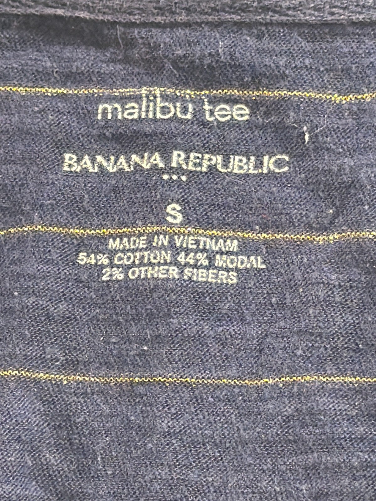Banana Republic Malibu Tee Navy Gold Metallic Stripe 3/4 Sleeve Pocket Top S