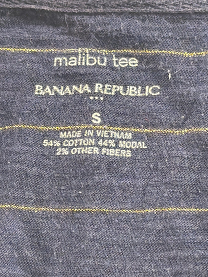 Banana Republic Malibu Tee Navy Gold Metallic Stripe 3/4 Sleeve Pocket Top S