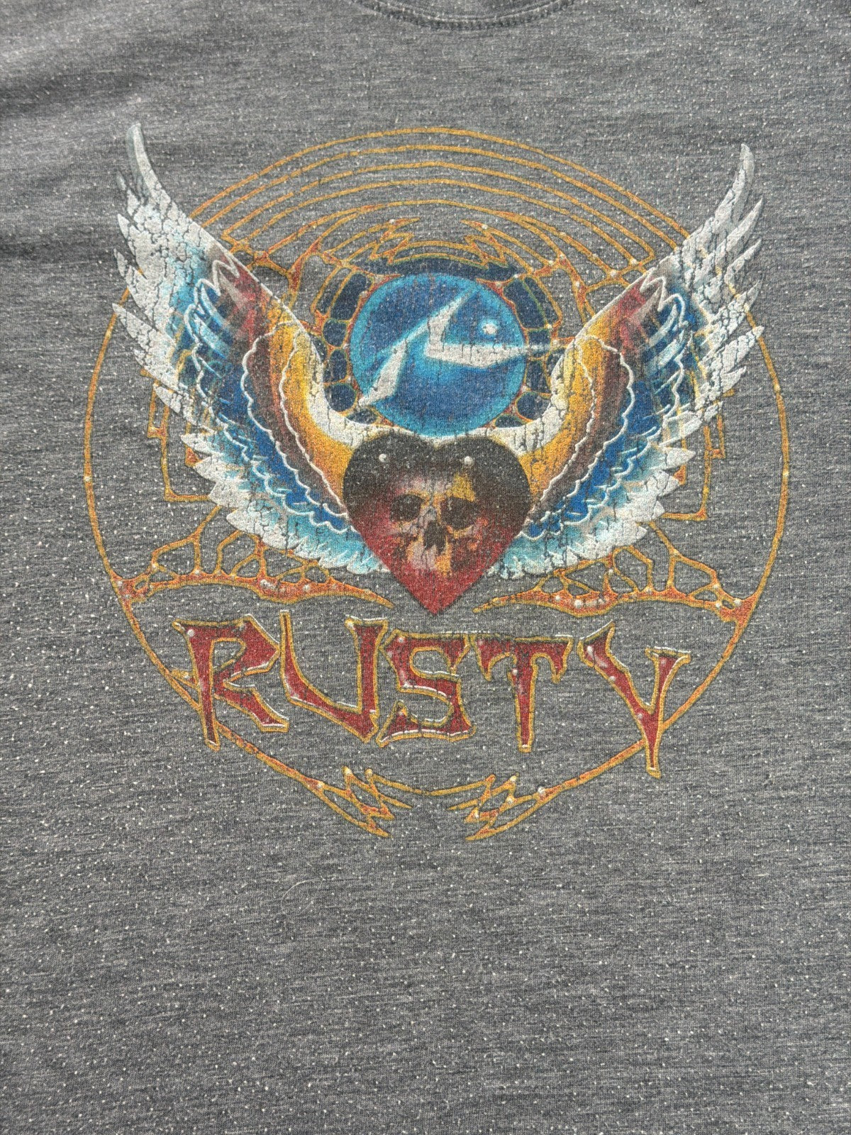 Rusty Surf Mens Large Gray Heather Skull Wings Graphic Tee Short Sleeve T-Shirt