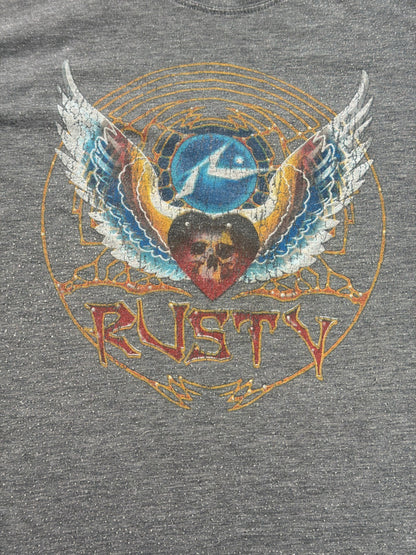 Rusty Surf Mens Large Gray Heather Skull Wings Graphic Tee Short Sleeve T-Shirt