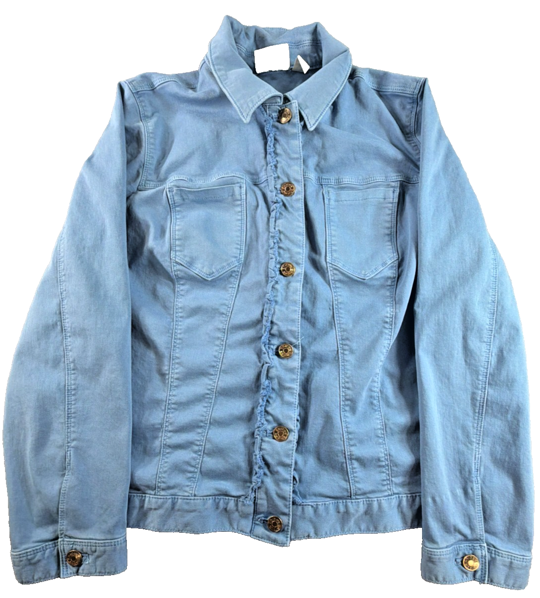 Chico's Womens Denim Jacket Sz 2 L Powder Blue Stretch Frayed Trucker Jean Coat