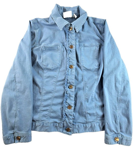 Chico's Womens Denim Jacket Sz 2 L Powder Blue Stretch Frayed Trucker Jean Coat