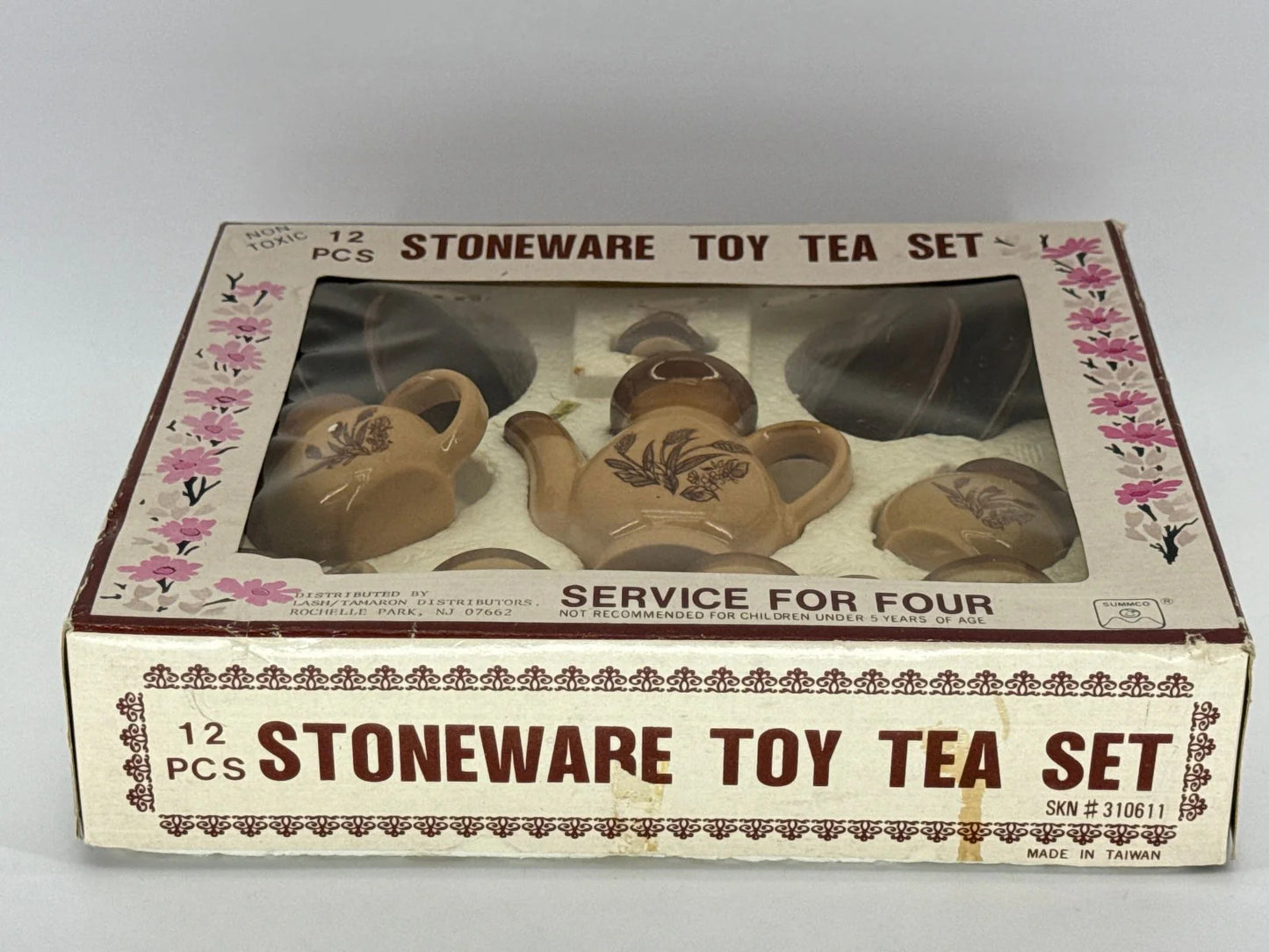 Vintage Stoneware Toy Tea Set 12pc SUMMCO Brown Floral Miniature in Box 5927