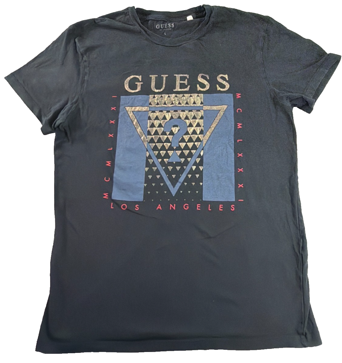Guess Los Angeles Mens Large Black Gold Triangle Question Mark Graphic Tee Shirt
