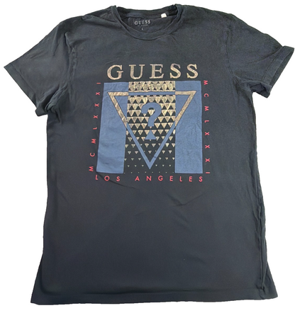 Guess Los Angeles Mens Large Black Gold Triangle Question Mark Graphic Tee Shirt