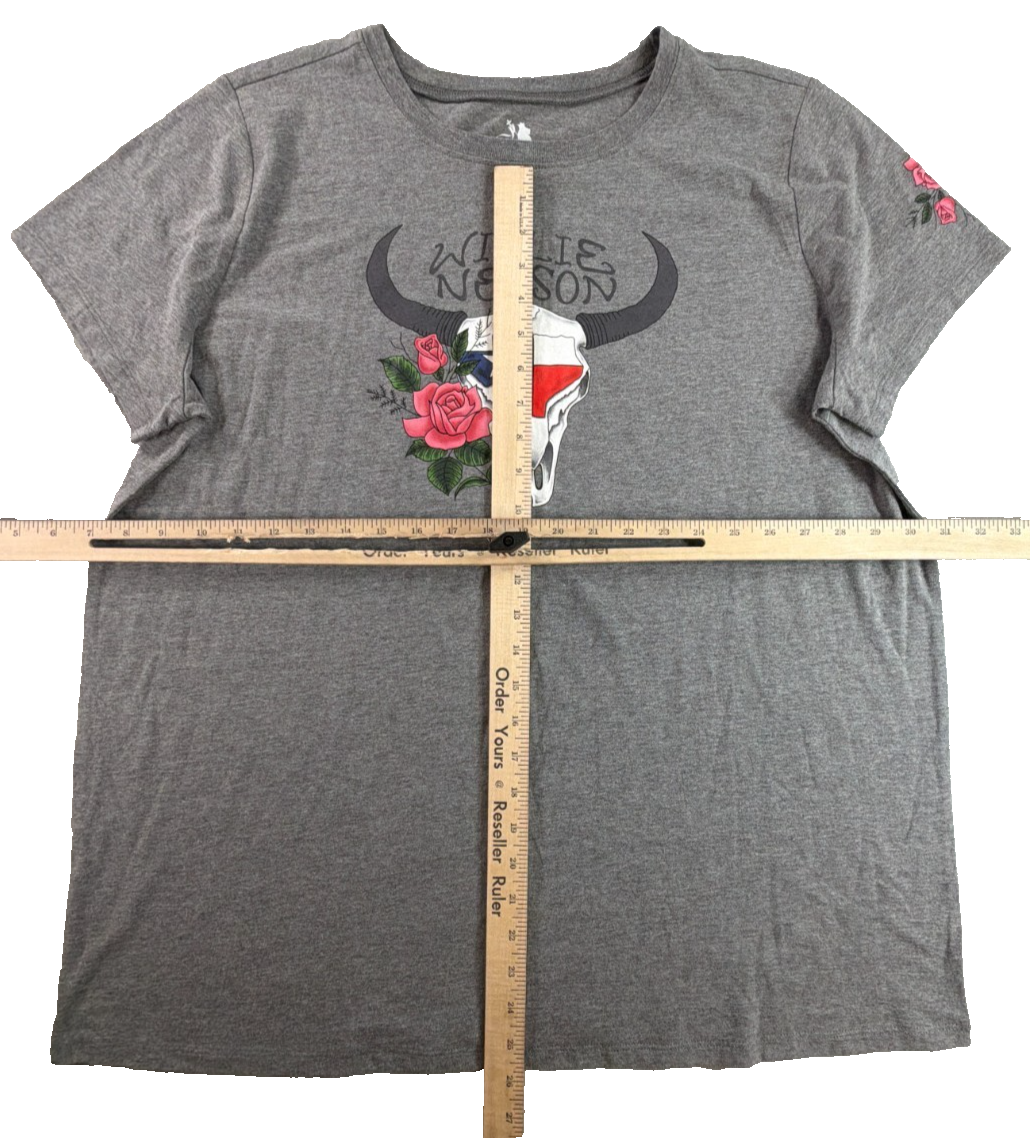 Willie Nelson Womens 2XL Gray Texas Flag Bull Skull Roses Country Music Tee Shir