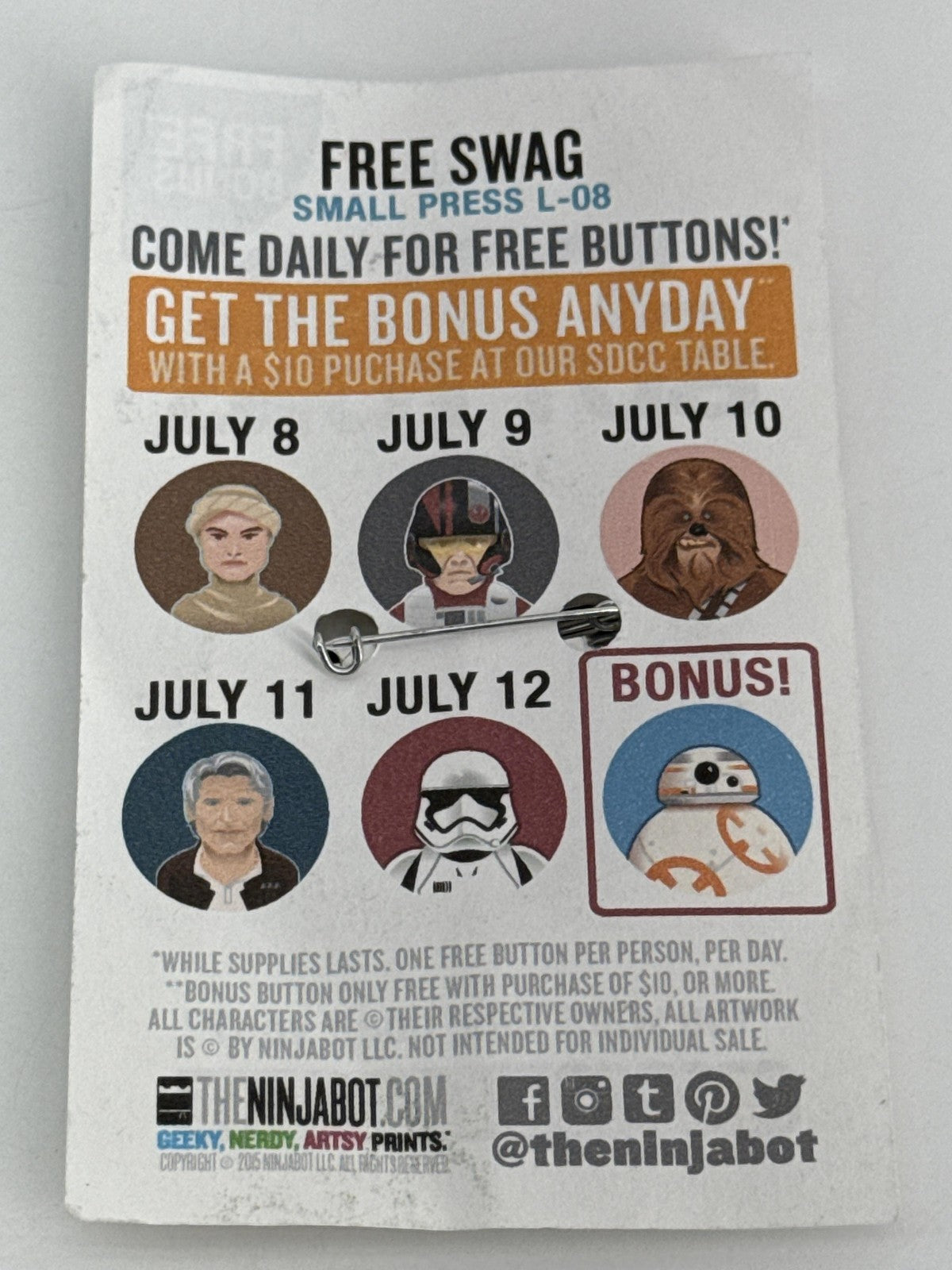 Star Wars Ninjabot Star Buttons SDCC 2015 Exclusive Pin Set Rey BB-8 Trooper Red