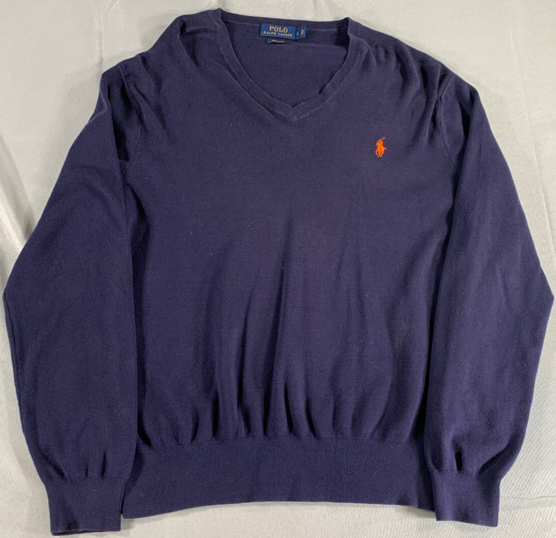 Polo Ralph Lauren V Neck Sweater L Navy Blue Pima Cotton Pullover Pony Logo 133