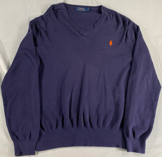 Polo Ralph Lauren V Neck Sweater L Navy Blue Pima Cotton Pullover Pony Logo 133