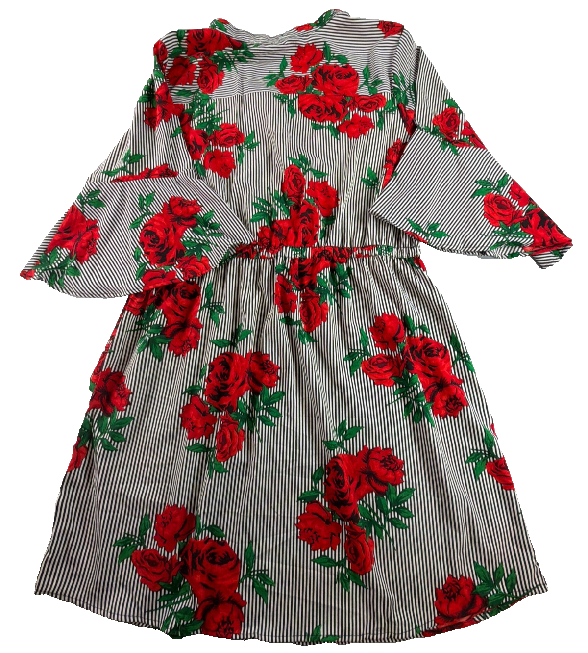 Hint of Blush Women 2X Rose Floral Stripe Dress Bell Sleeve Drawstring Waist