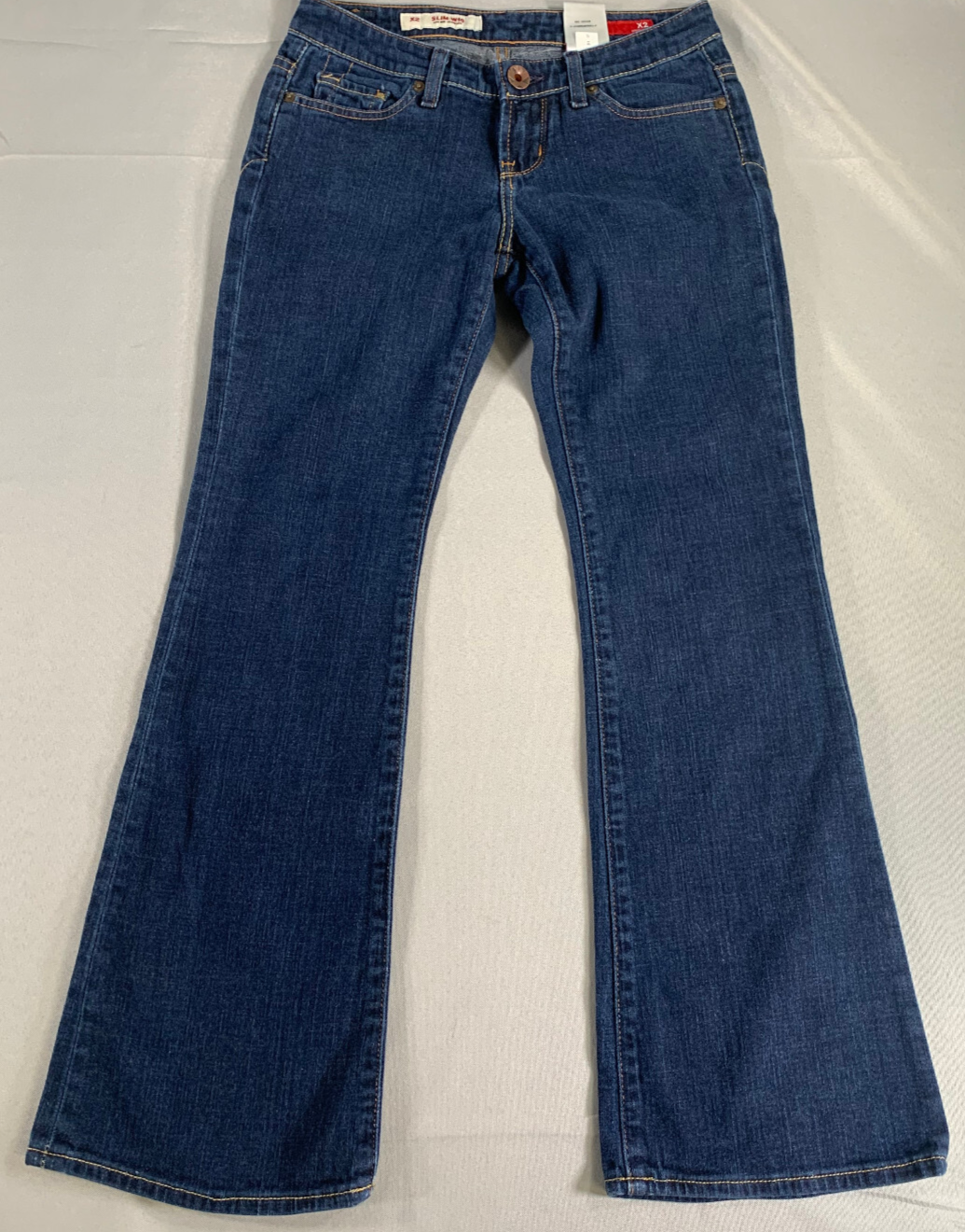 X2 Slim W10 Low Rise Flare Jeans Dark Wash Stretch Bootcut Embroidered Pocket