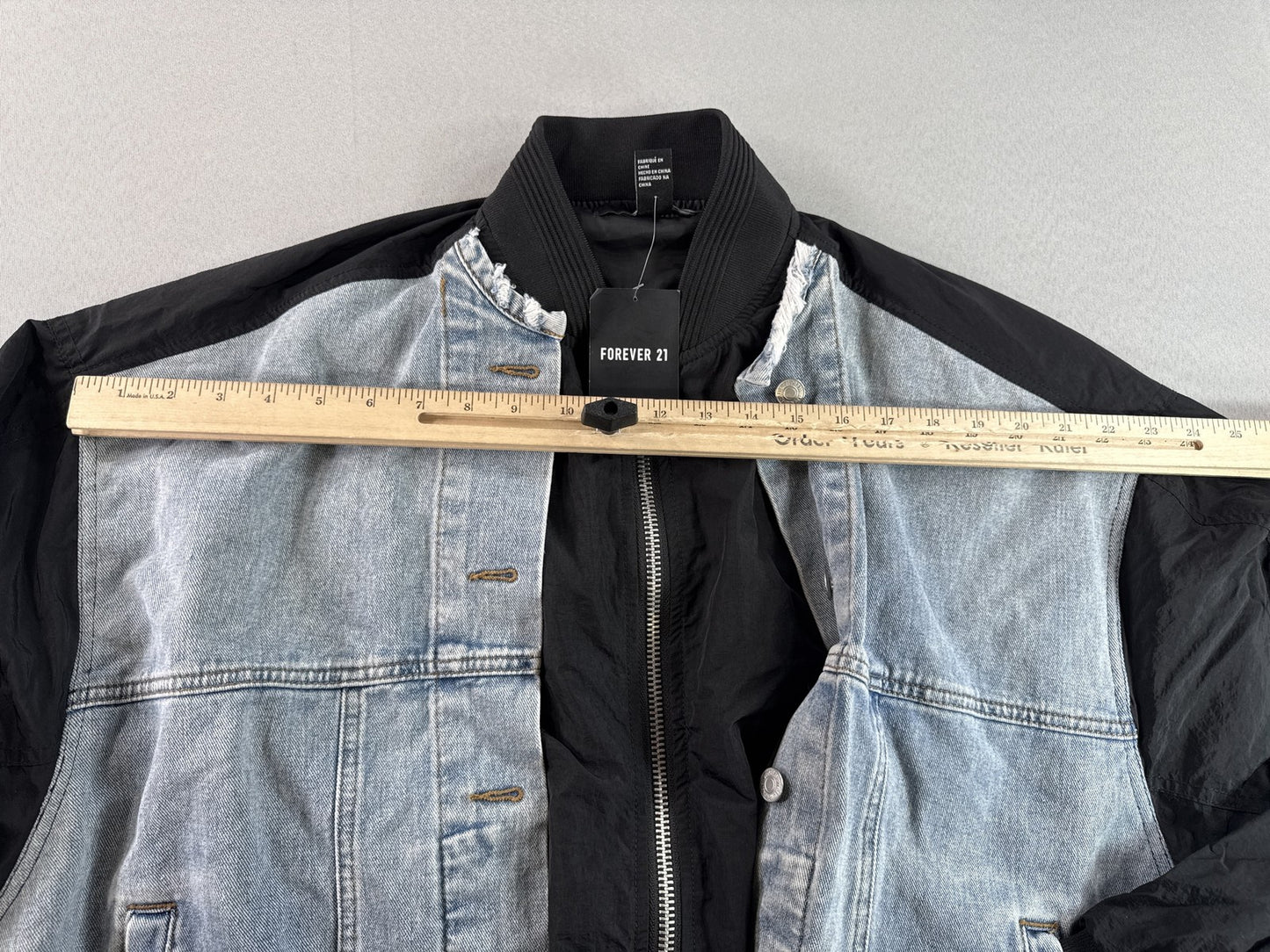 FOREVER 21 Bomber Jacket Womens S Black/Denim Cotton/Polyester Regular Fit Zip