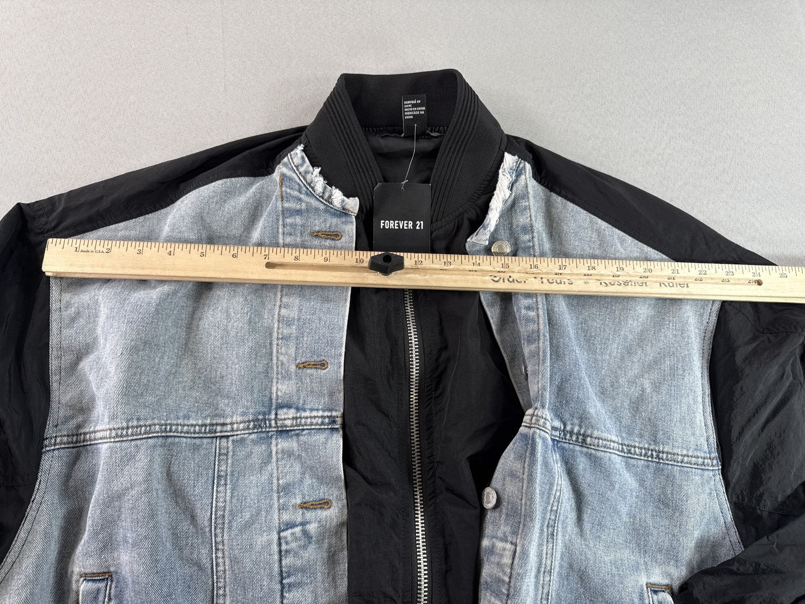 FOREVER 21 Bomber Jacket Womens S Black/Denim Cotton/Polyester Regular Fit Zip