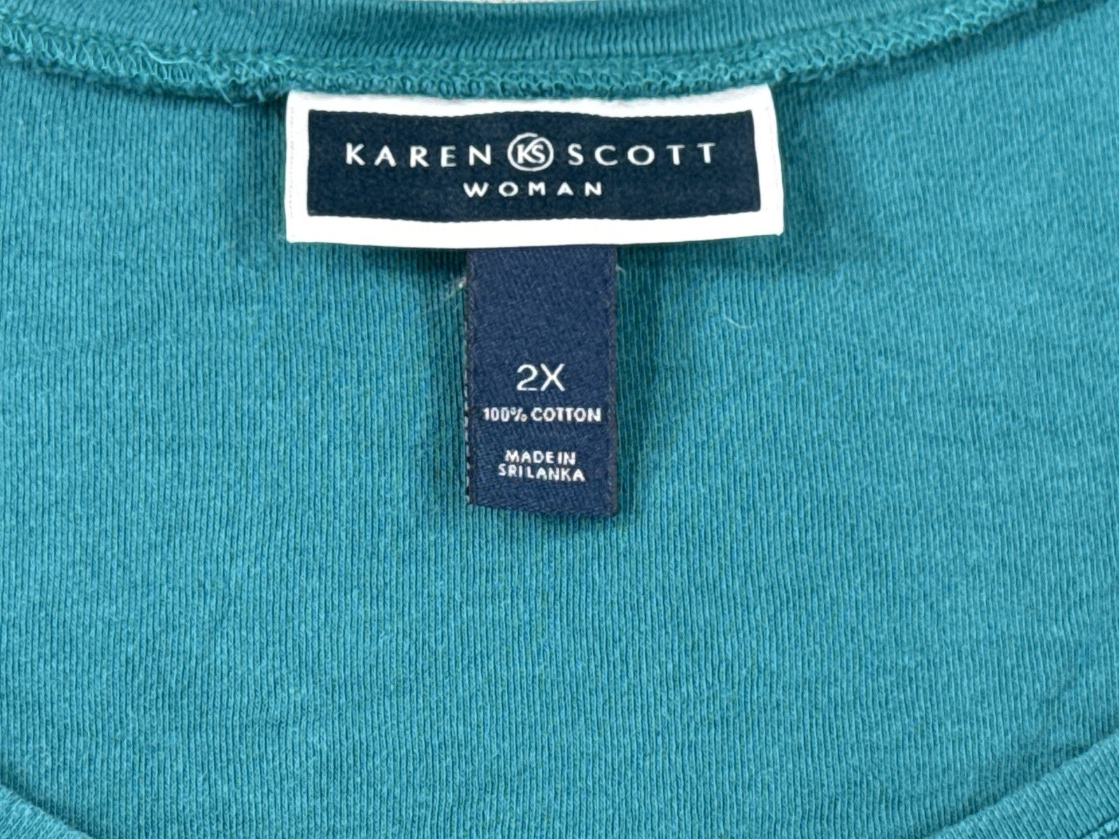 KAREN SCOTT Womens Plus 2X Teal Sleeve Neck Floral Top 100% COTTON Knit