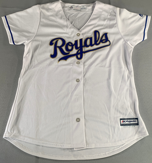 Majestic MLB Royals Cool Base Jersey Womens L White Blue Replica Button Front