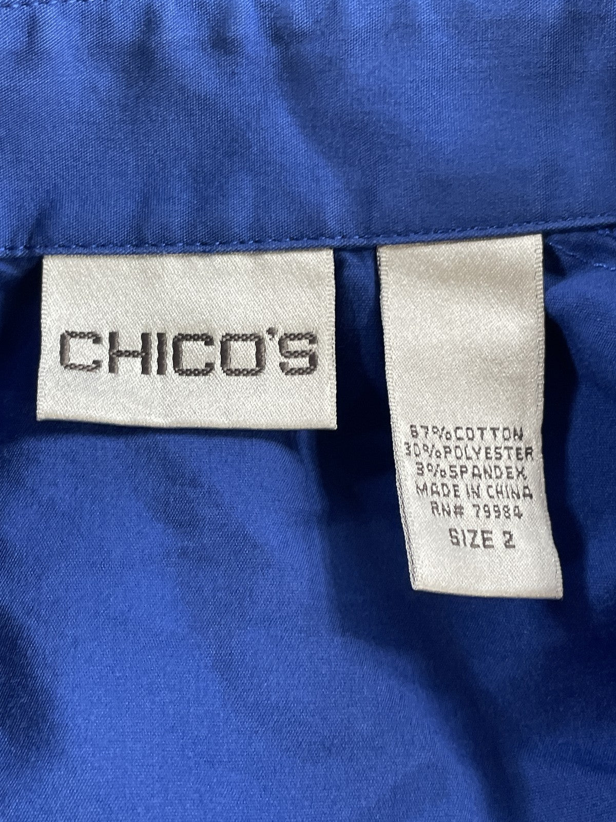 Chicos Jacket Womens 2 Blue Button Up Shirt Blouse 3/4 Sleeve Embroidered Heart