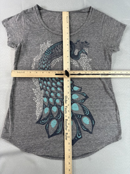 Lucky Brand Peacock Graphic Tee S S/P Gray Scoop Neck Short Sleeve Boho Top